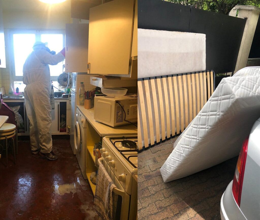 Technicien préparant un traitement contre les punaises de lit dans une chambre